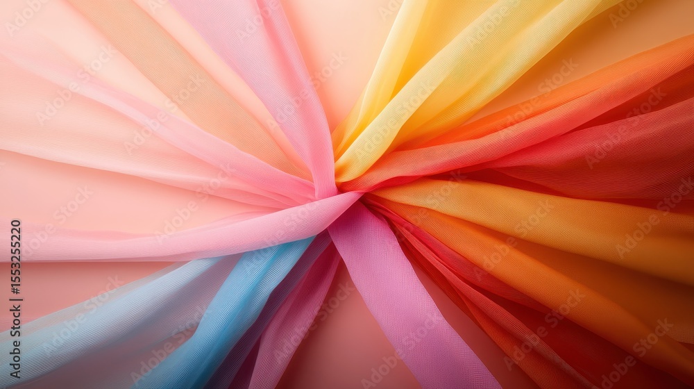 Poster a vibrant display of colorful tulle fabrics creatively arranged in a starburst pattern, showcasing t