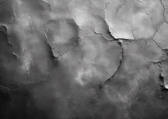 close-up of cracked and peeling textured wall surface with varying shades of gray and rough patches