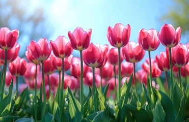 Field of vibrant pink tulips blooming under bright sunlight with green leaves and a clear blue sky background, evoking freshness and springtime joy
