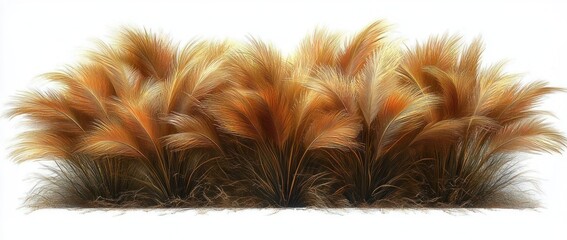 Dense cluster of tall ornamental grass with soft, feathery plumes in warm shades of orange and brown against a white background evoking a natural and serene atmosphere
