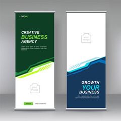 Business Roll Up Set. Banner Template, Abstract Blue Geometric Triangle Background vector Brochures,  j-flag, x-stand, x-banner, exhibition display, Standee Design. 
