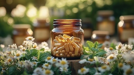 Amber glass jar filled with capsules surrounded by green leaves and white daisy-like flowers in a sunlit garden