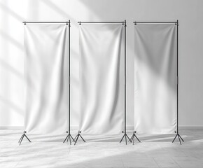 Three tall blank white fabric banners hanging on black tripod stands casting soft shadows in a bright room with tiled floor and plain white wall