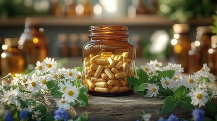 Amber glass jar filled with yellow capsules surrounded by fresh white daisies and green leaves on rustic wooden surface with blurred background of similar jars