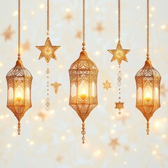 Decorative golden lanterns and star-shaped ornaments hanging elegantly with warm glowing lights in a soft bokeh background conveying a festive and cozy atmosphere