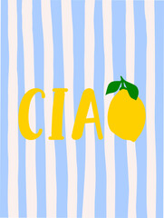 Cute Italian Coastal Summer posters, cards templates with oranges, tomatoes ,lemon, seafood, sardine fish, crab, shrimp, cocktail and typography design. Trendy summer design for branding, print, decor © Annie