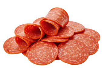 Isolated Rolled and Flat Slices of Pepperoni