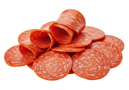 Isolated Rolled and Flat Slices of Pepperoni