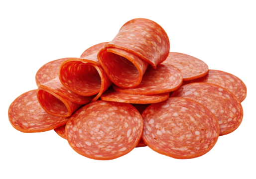 Isolated Rolled and Flat Slices of Pepperoni
