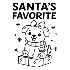Cute puppy with bow and scarf sitting on gift box under snowflakes, black and white cartoon Christmas dog with text “Santa’s Favorite”
