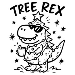 Funny cartoon T-Rex dressed as Christmas tree with sunglasses and lights, holding hot drink, humorous festive dinosaur illustration in black and white