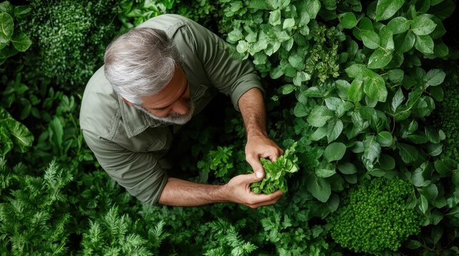 An experienced gardener nurturing lush green herbs in a vibrant garden, showcasing the hands-on connection to nature and the rewarding experience of cultivating plants.