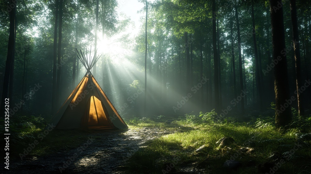 Poster a peaceful forest scene featuring a teepee, illuminated by gentle sunlight filtering through the tre