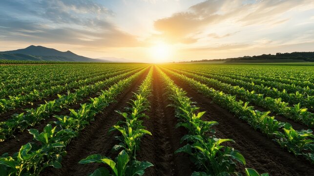 A stunning landscape of lush cornfields extending towards the horizon, illuminated by a vibrant sunset that evokes feelings of abundance, growth, and the beauty of nature.