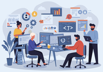 Four people work at computers with charts and code on screens in a shared office space