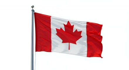 Canadian Flag billows proudly against a crisp white sky.