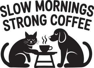 Black silhouette cat and dog share coffee on white background vector