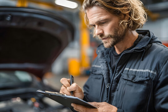 Mechanic explains vehicle maintenance checklist to customer in auto repair garage setting - Powered by Adobe