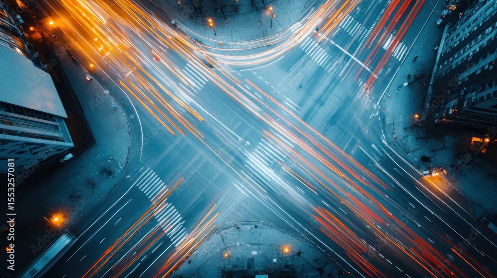 Poster an aerial view of a busy city intersection, dynamically capturing the rush of traffic with streaks o