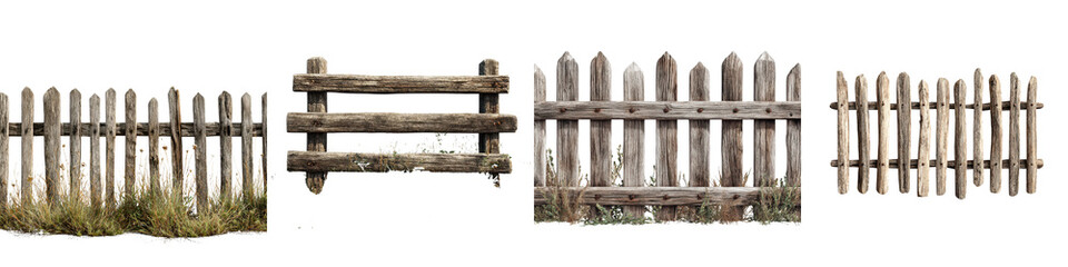 Fototapeta premium Collection of Rustic Wooden Fences Isolated on White, Rural Barrier Set