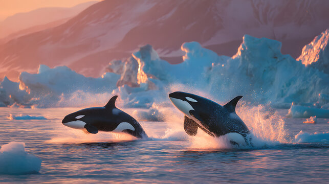 Two orca whale breaching the surface of the Arctic ocean. - Powered by Adobe