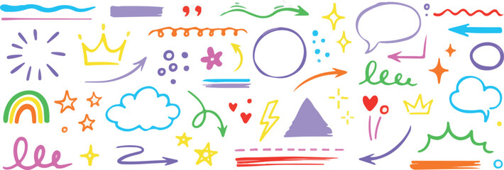 Line sketch star, arrow, heart decoration element icon set. Hand drawn sketch doodle cute star, emphasis, flower element text decoration shape vector illustration