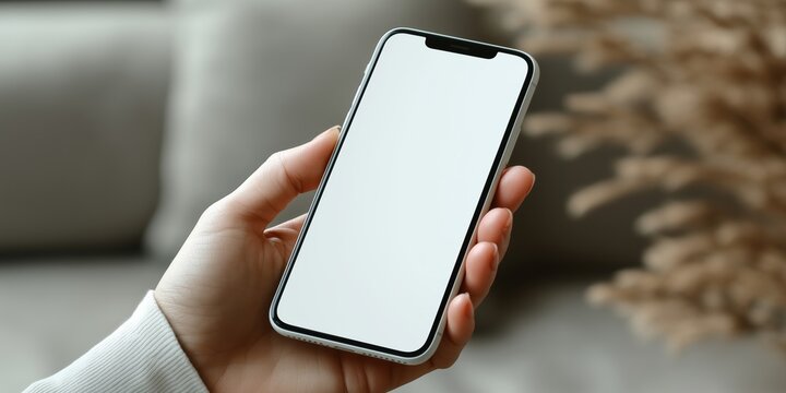 Person holding modern smartphone with blank screen indoors - Powered by Adobe