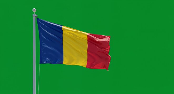 Romania's vibrant tricolor flag billows proudly against a chroma key green screen.