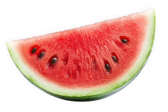 Juicy watermelon slice png image, fresh summer fruit, healthy food, watermelon seeds, red fruit, vector graphics, isolated on transparent background - Powered by Adobe