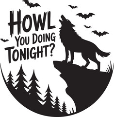 Naklejka premium Black silhouette of a wolf howling on a cliff with bats and trees white