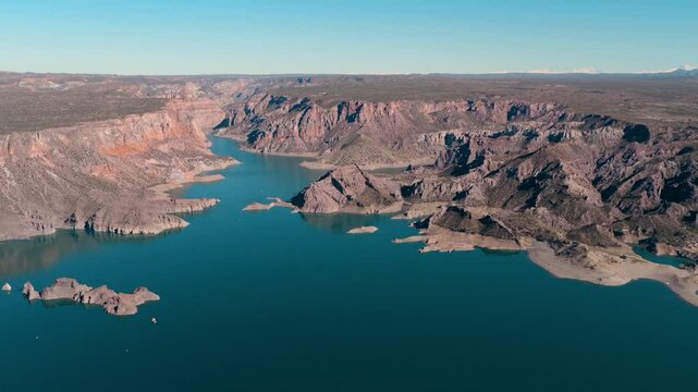 Aerial view of the Atuel Canyon and river in San Rafael, Mendoza, Argentina.