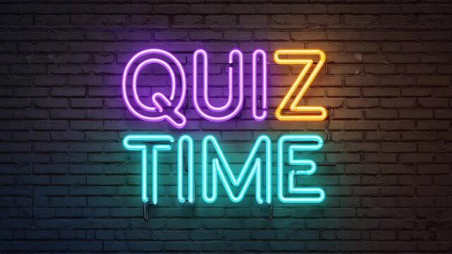Quiz Time in neon against dark brick wall background, inviting and colorful.