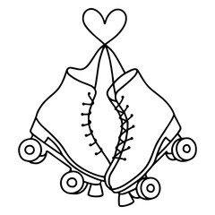 Minimal black-and-white outline of two retro roller skates tied together with heart-shaped laces, symbolizing love and skating fun