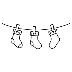 Three cozy socks hanging on a clothesline — simple and cute line art illustration with warm, homey vibes