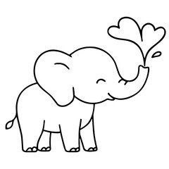 Cute baby elephant spraying heart-shaped water — black and white minimal line drawing in vector style