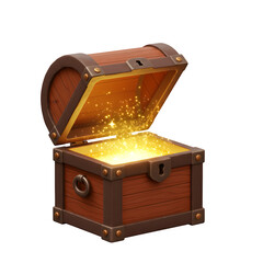 3D Render of Radiant Wooden Treasure Chest Opened with Sparkling Golden Light Inside, Isolated on White or Transparent Background