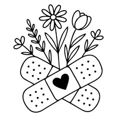 Hand-drawn floral bouquet growing from crossed band-aids with heart — symbolic healing and care in black and white line art