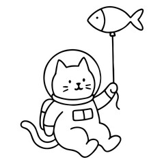 Cute cat astronaut in space suit holding a fish balloon — whimsical black and white line art for laser cutting or print