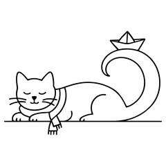 Sleeping cat in scarf with paper boat on tail — charming minimalist black line illustration for cozy print or cut projects