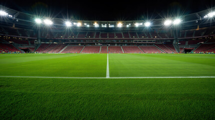 Obraz premium Illuminated football stadium pitch at night with empty red seats and bright starburst lights