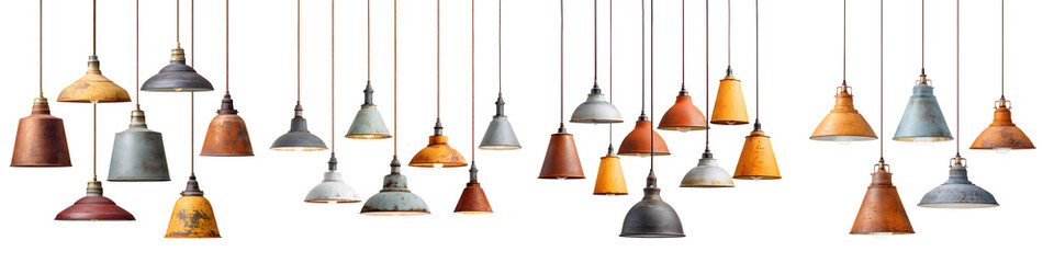 Obraz premium Collection of Stylish Industrial Pendant Lights Hanging on White