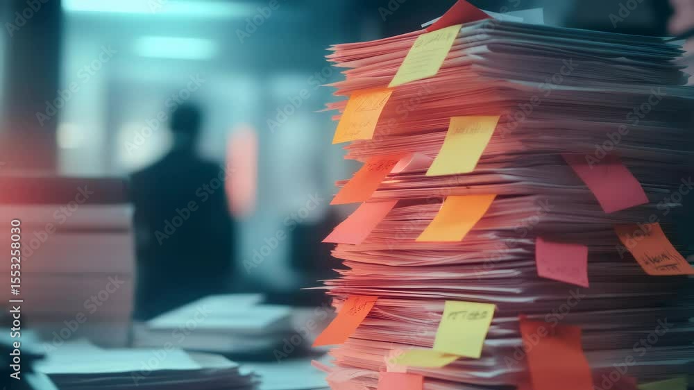 Poster stacked paperwork accompanied by vibrant sticky notes highlights the growing pile of pending tasks i