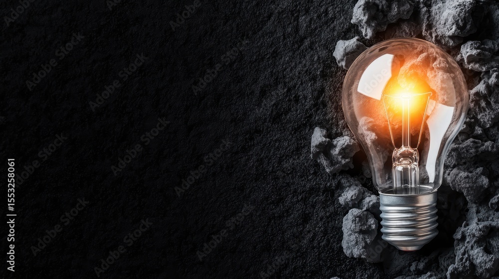 Poster a striking image of an illuminated light bulb emerging from a rough stone surface, symbolizing creat