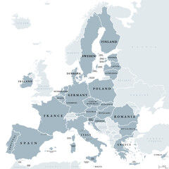 European Union, member states of the EU, gray political map. Economic and political union of 27 member states. Map with single countries, labeled in english, and with international borders. Vector