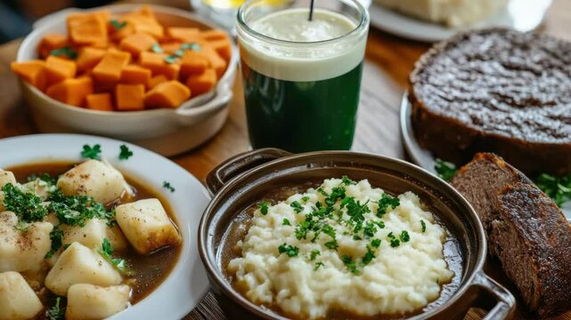 A hearty Irish dinner spread out on the table.