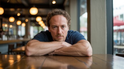 Fototapeta premium Caucasian male adult leaning on table in modern café with thoughtful expression
