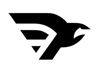 Powerful, stylized eagle logo design, ideal for a company or brand. A bold, black silhouette of an eagle's head and neck in a dynamic, stylized pose. 