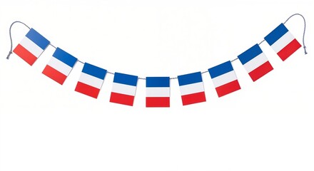 French flag bunting garland hanging on a white background. Isolated decoration element for Bastille Day, national holidays, or patriotic themed designs