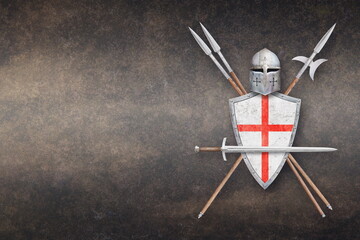 knight's sword helmet shield two spears and halberd on grunge background