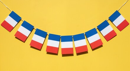 French flag bunting garland hanging on a bright yellow background. Colorful decoration for Bastille Day, national holiday, or a festive party concept